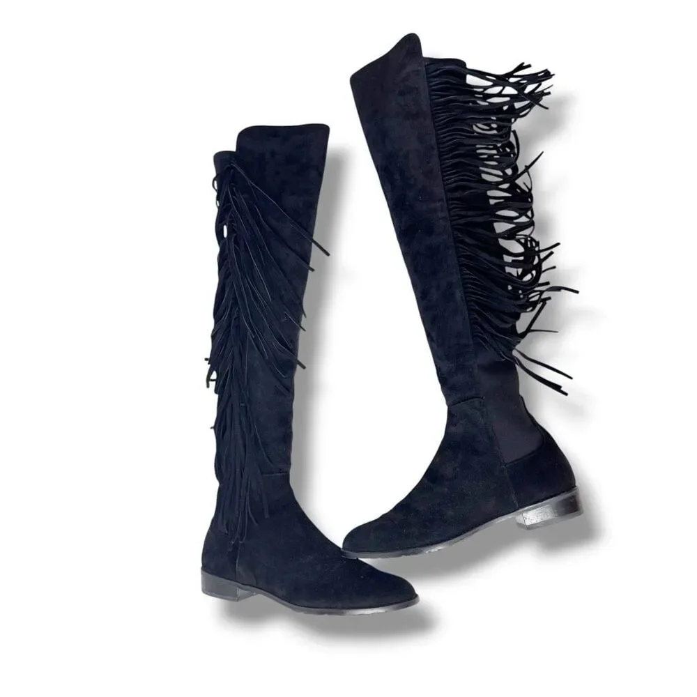 Stuart Weitzman Mane Fringe Suede Over-The-Knee Boots Black Western Size 8 M